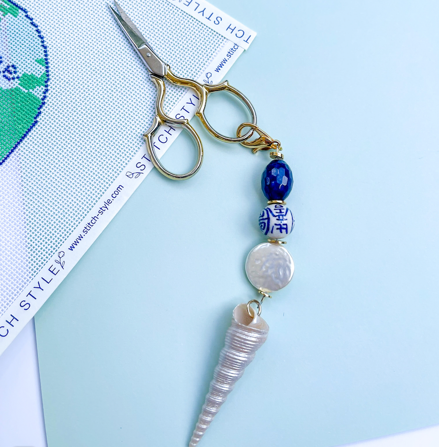 MOLLYBEADS Scissor Fob- Blue & White with Spiral Shell