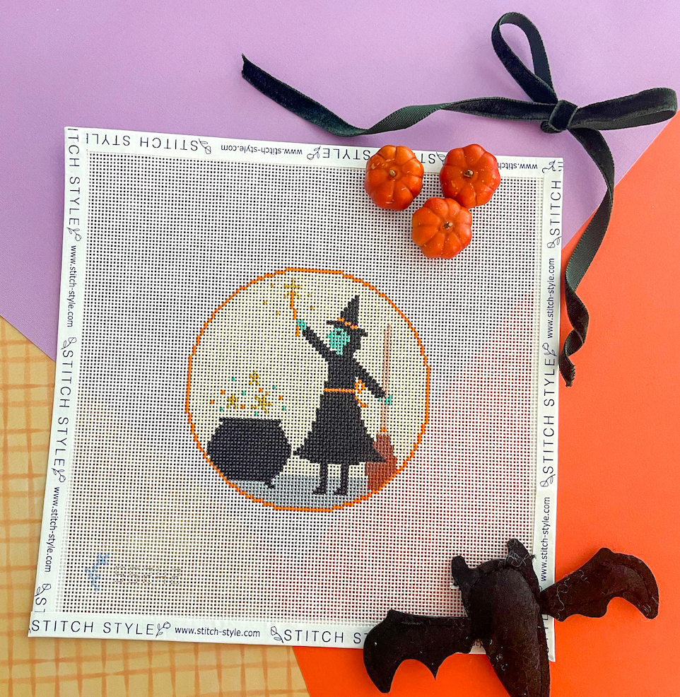 Halloween Witch and Cauldron Needlepoint Canvas