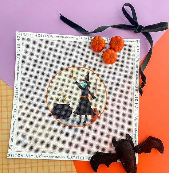 Halloween Witch and Cauldron Needlepoint Canvas