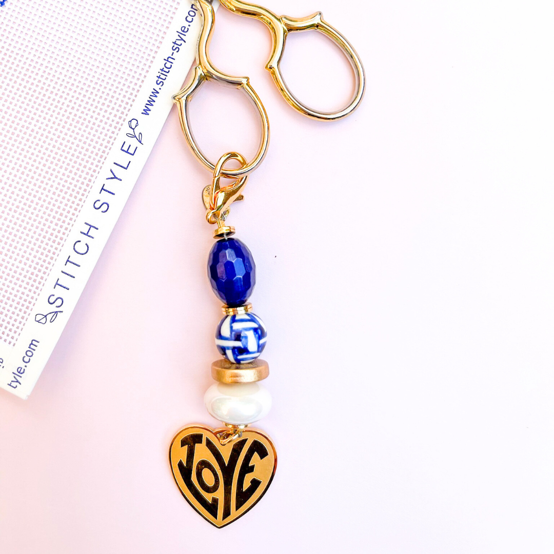 MOLLYBEADS Scissor Fob- Blue & White with Gold Love